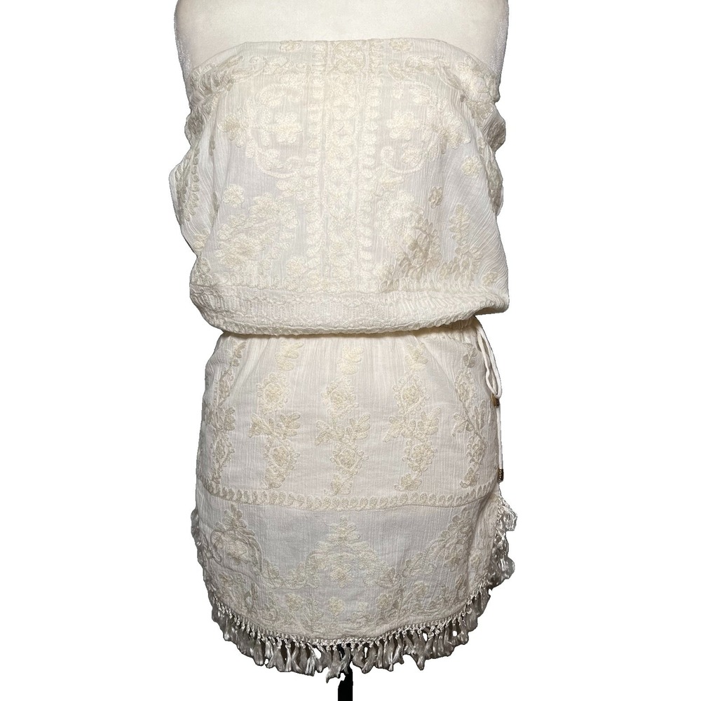 Melissa Odabash Isla Bandeau Mini Dress Cover Up M Strapless Embroidery Tassels